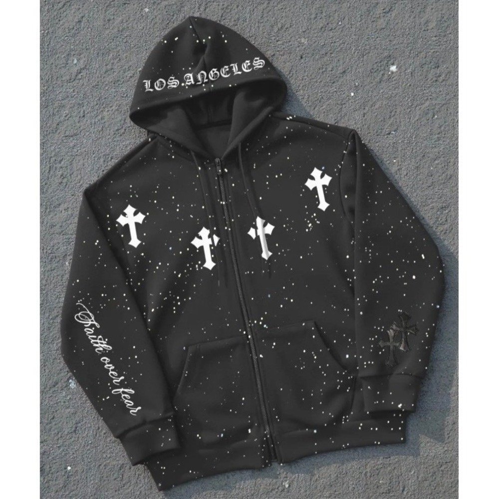Faith Over Fear Los Angeles Zip Up Hoodie Black Starry Graphic Cross Mens M